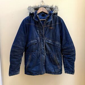 Vintage FUBU The Collection Jacket Mens Medium Blue Denim Quilted Lined 90s Hood